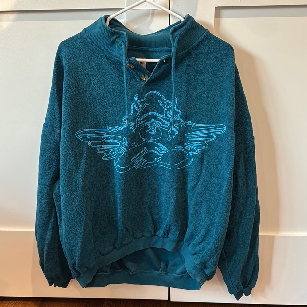 Teal Hooded Sweatshirt with Embroidered Design